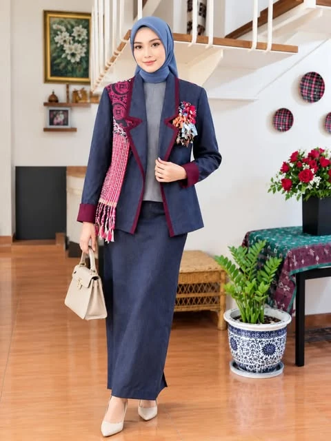 Blazer navy dengan aksen marun dari Sae Nadhilah