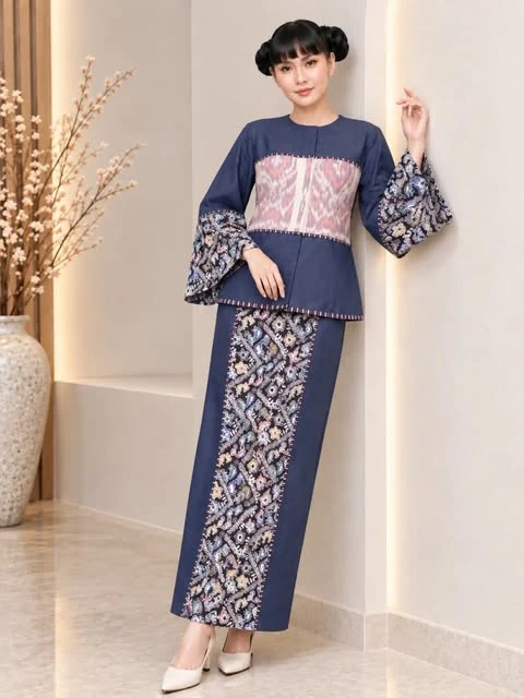 Setelan navy dengan panel merah muda dan motif pada lengan serta rok, dari Instagram Sae Nadhilah